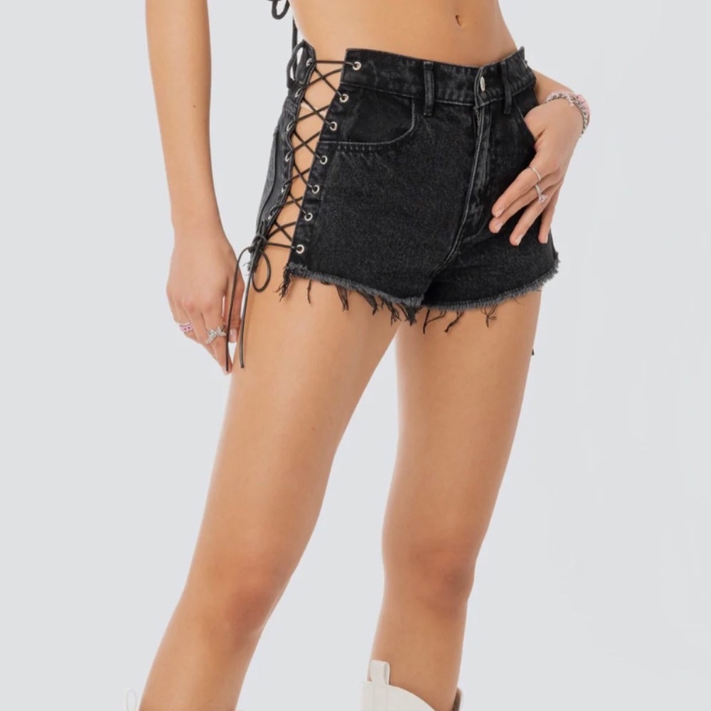 lace up black denim shorts